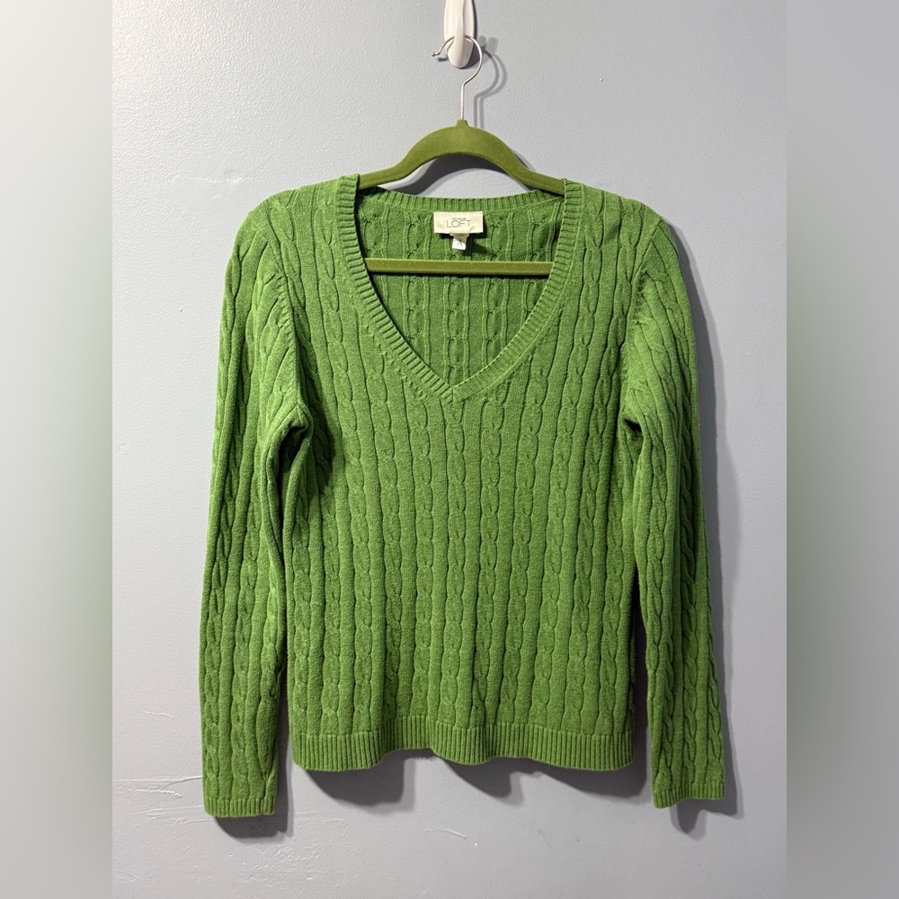 LOFT‎ Cable Knit Sweater Green Women’s V-Neck Top Size Medium